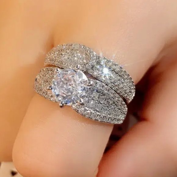 2 Pcs/set 925 Silver Plated Bridal Wedding Zircon Ring For Women Size 7 - Picture 2 of 2